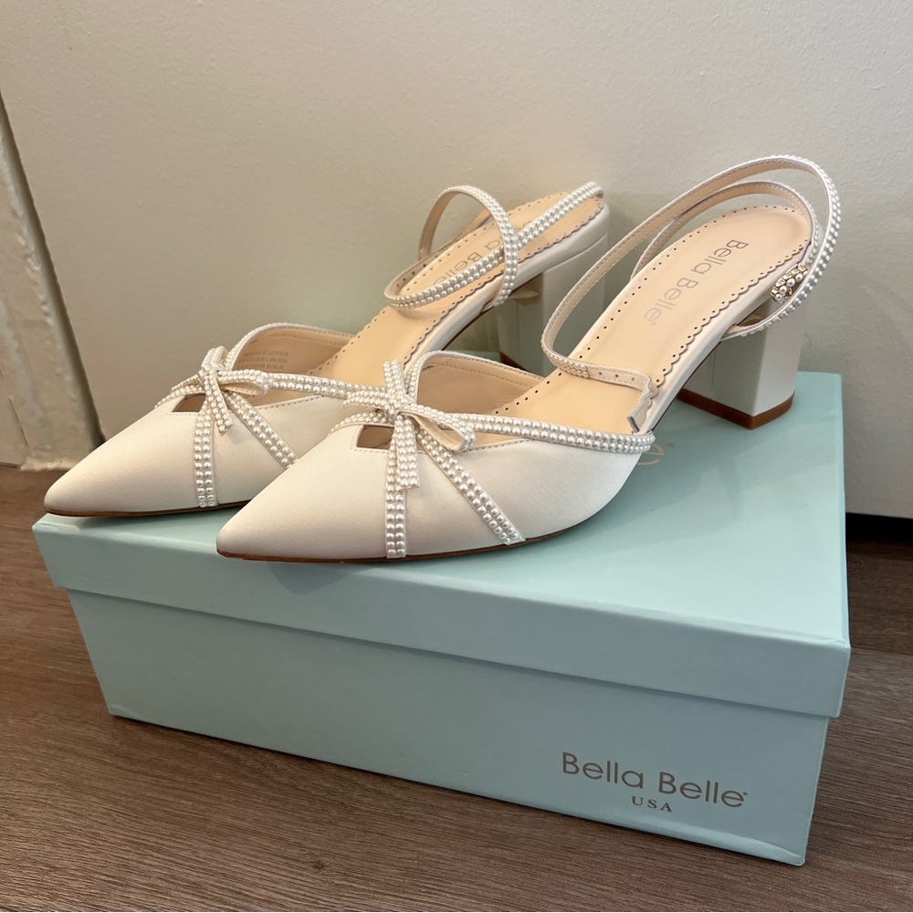 Bella Belle Alexia Closed Toe Pearl Bow Block Heels with Pearl Straps
